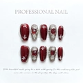 Deep red cat eye press-on nails with silver lines, rhinestones and 3D gems - Extra Small (XS) / Red Buccellati Style (1246)
