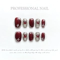 Handmade dark wine red press-on nails with silver trim and ruby-like gemstones - Extra Small (XS) / Red Buccellati Style (1241)