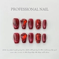 Deep red cat-eye press-on nails set with 3D heart rhinestones and luxury jewelry accents - Extra Small (XS) / Light Luxury Rose Red (618)