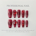 Handmade wine red cat-eye press-on nails with 3D heart rhinestones and gemstone accents - Extra Small (XS) / Light Luxury Rose Red (619)