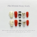Handmade press-on nails with red diamond accents and monochrome checkered patterns - Extra Small (XS) / Wine Red Argyle (461)
