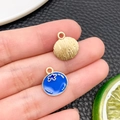 Pendentif rond en émail bleu avec breloque à rayures dorées et motif d'étoile pour bijoux - Style Myrtille (24407) / 13x12x1mm