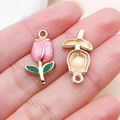 Detailed view of pink tulip enamel charm for DIY jewelry with gold metal edges - Pink Gold-Spangled Enamel Tulip Rose Style (23515)