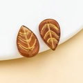 Handmade amber glass leaf pendant with gold-painted veins for jewelry making - Transparent Brown Gold Veined (26681)