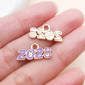 Detailaufnahme der Jahresanhänger 2028 aus Goldmetall und lila Emaille auf dem Finger - 1 Stück / Lila (2028)