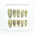 New Chinese style press-on nails with green marble texture and bamboo leaf art - Extra Small (XS) / Ink Green Bamboo