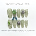 Uñas postizas chinas hechas a mano con textura de jade verde y detalles en plateado - Jade Plateado / Extra Pequeño (XS)