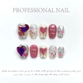 Handmade Y2K press-on nails with 3D purple hearts and silver glitter metallic finish - Extra Small (XS)