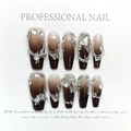 Uñas postizas hechas a mano degradado marrón estilo coffin con mariposa de plata y diamantes - Extra Pequeño (XS) / Color de Noche