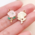Pink enamel rose charm with crystal inlay and gold sunburst texture for DIY jewelry - Rose Rhinestone Pendant (16691)