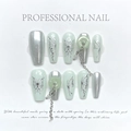 Handmade Chinese style press-on nails with liquid silver butterflies and jade pendants - XS