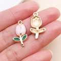 Pink tulip flower DIY charm with gold finish and enamel petals for jewelry making - Enamel Rose Tulip (23515)
