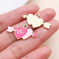Pink heart Cupid arrow DIY charm with golden plating and heartbeat pattern detail - Enamel Arrow Through Heart (27191)