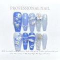 Uñas postizas azul claro con serpiente blanca 3D, flores y decoraciones de perlas - XS / Yuanqi Yuming