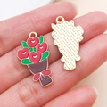 Red heart flower bouquet alloy charm with gold backing and green leaf details - Enamel Rose Bouquet (27186)