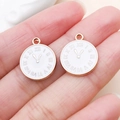 Miniature white enamel clock face charms with Roman numerals and rose gold plating - Round Double Sided Clock (10071)