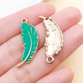Green feather alloy pendant with golden metallic back for DIY jewelry making charm - Mardi Gras Feather Pendant (21822)