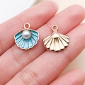 Blue enamel shell pendant with pearl and golden shell charm for DIY jewelry - Ocean Shell with Pearl Style (15778)