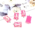 Pink resin candy bear charm with gold glitter and silver ring for DIY jewelry making - Rose Red Rectangular Candy (12580)