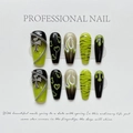 Y2K punk press-on nails set in neon green and black with gothic cross and flame art - Extra Small (XS) / Green Flame Pixie