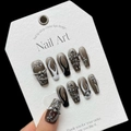 Dark gothic grey-black gradient press-on nails with silver metal cross and star charms - Extra Small (XS) / Black and White Flame
