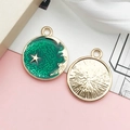Green enamel round pendant with gold star and moon motifs for DIY jewelry making - Round Moon Star (13543) / Green