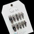 Uñas postizas góticas de mariposa hechas a mano con purpurina plateada y strass - Extra Pequeño (XS)
