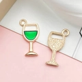 Golden wine glass charm with green enamel filling and textured surface for DIY jewelry - Wine Glass Style (12349)