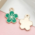 Green enamel flower pendant with golden textured back and hanging loop for DIY jewelry - Small Cherry Blossom (12085)