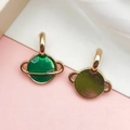 Saturn-shaped gold alloy pendant with deep green enamel and glitter for DIY jewelry making - Round Starry Sky Planet (11972)