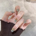 Graugrüne Ombré-Kunstnägel in langer Coffin-Form mit goldenen Textur-Akzenten - Extra Klein (XS) / Kurzer Coffin Waldnebel (Goldene Akzente)
