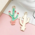 Green cactus enamel charm pendant with pink pot and gold metal back for DIY jewelry - Cactus Style (12058)