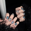 Deep blue cat eye press-on nails with silver fireworks art and glitter finish - Extra Small (XS) / Fireworks