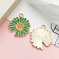 Daisy flower charm pendants with green enamel and gold plating for DIY jewelry - Open Single-sided Sunflower (12068)