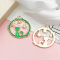 Green enamel cat pendant with gold cutout for DIY jewelry making and bracelets - Round Starry Sky Cat (13546)