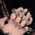 Uñas postizas brillantes con degradado marrón oscuro, lazo y pedrería de lujo - XS / Ojo de Gato Ámbar