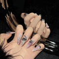 Gothic kunstnagels met zwart-roze verloop, zilveren spin en fonkelende strass steentjes - XS / Spin Schedel
