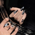 Gothic black gradient press-on nails with silver cross and chains on dark plush surface - XS / Black Grey Gradient
