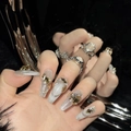 Uñas postizas artesanales plateadas con purpurina, gemas de ámbar y perlas de lujo - Extra Pequeño (XS) / Años Dorados