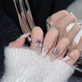 French bubble heart press-on nails with purple stones and silver beads on long stiletto shape - XS / Angel Wedding