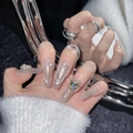 Handgefertigte lange Ballerina-Nägel mit silbernem Cat-Eye-Effekt und Herz-Zirkon-Akzent - XS / Pure Lady (1222)