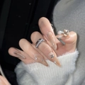 Long almond press-on nails in coffee brown with pearl bow and glitter diamond accents - XS / Ice Coffee Oolong