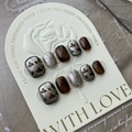Brown cat-eye and cow print handmade press-on nails with silver glitter details - XS / 518-Coffee Milk Cat Eye