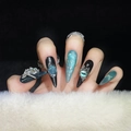 Long stiletto press-on nails in gothic black and blue cat-eye with 3D silver spider charms - XS / Spider Silver Sea