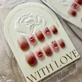 Handmade Christmas press-on nails featuring red gradient with golden reindeer art - 586-Icy Cat Eye