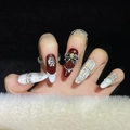 Luxury tweed pattern press-on nails in burgundy red with pearl and bow decorations - XS / Noble Tweed Style