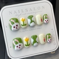 Faux ongles faits main avec motifs de lapins blancs mignons et fleurs vertes - Grand (L) / Lapin Mignon