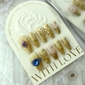 Uñas postizas artesanales de lujo en oro champán con gemas de corazón azules - Grande (L)