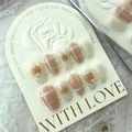 Handmade press-on nails with cream nude blush, heart charms and pearls on lace background - L / Creamy Sweetheart