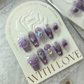 Uñas postizas artesanales violeta estrellado con mariposas 3D y detalles de cristales - Grande (L) / Iris Púrpura Mariposa